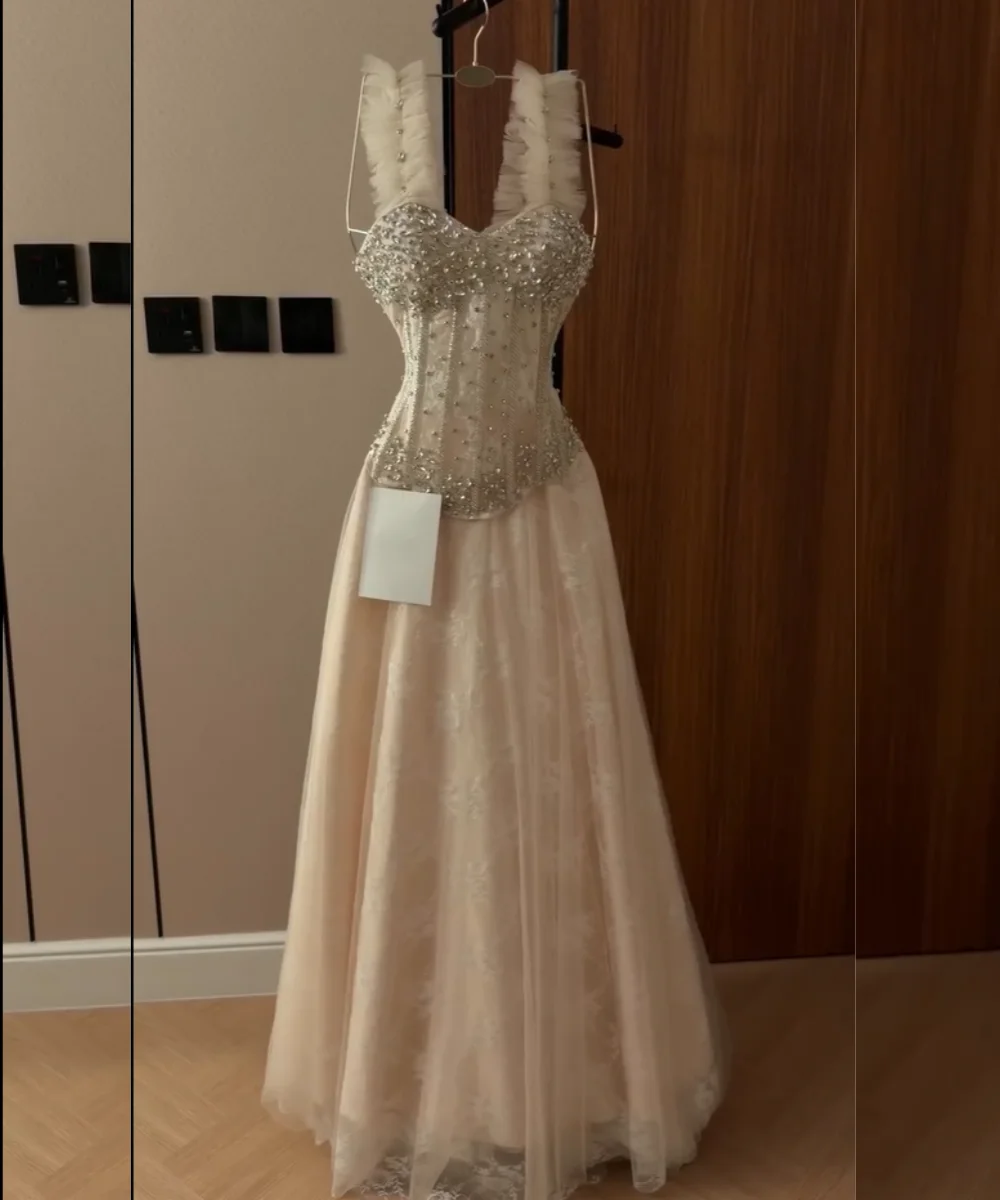 

Customized Matching Tulle Pleat Sequined Pattern A-line Square Neck Long Luxury Party Evening Dresses Chinese Style