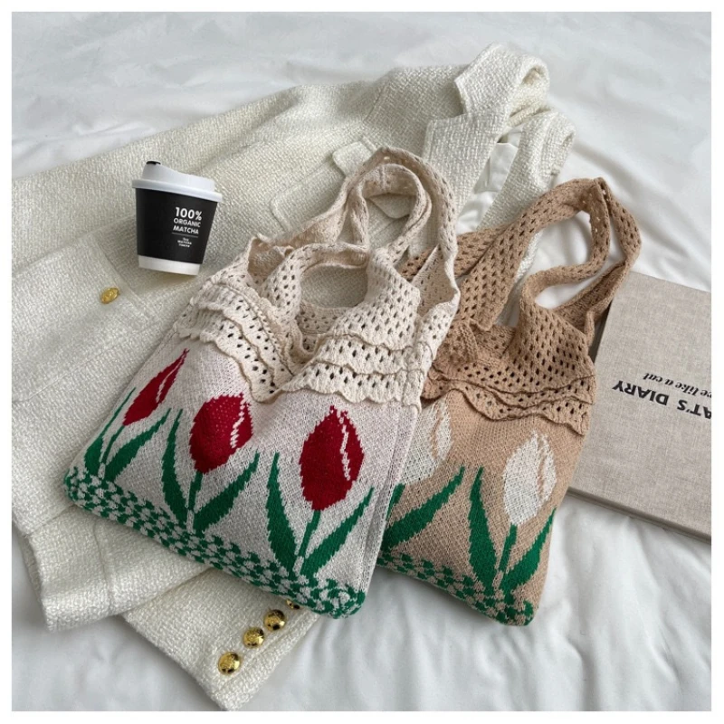 

Tulip Flower Knitted Handbags Vintage Summer Beach Bags Shoulder Casual Tote Female Student Shopping Woven Bags For Women