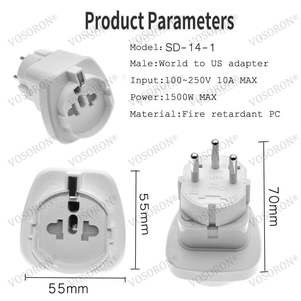 Adapter podróżny Izrael do USA/Włoch/Brazylia/Schuko Uniwersalny adapter wtyczki elektrycznej konwerter wtykowy wbudowany 250V 10A — zdjęcie 4