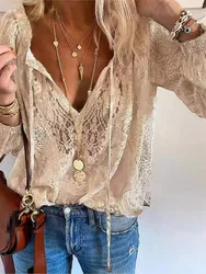 Women's Fashion Solid Sexy Hollow Out V-neck Shirt Top 2025 Autumn Lace Blouse Casual Loose Tops Office Lady Lace-up Top