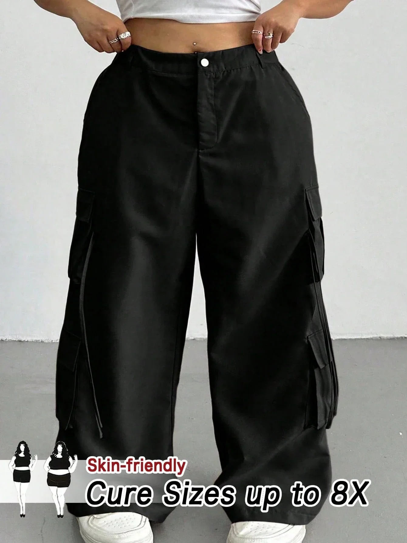 

Plus Size Women Casual Cargo Pants High Waist Wide Leg Black