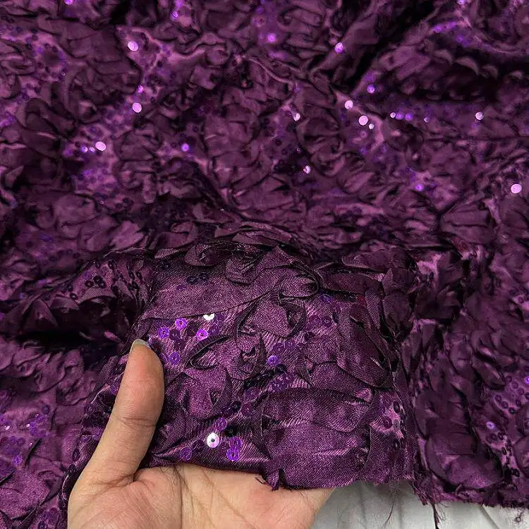 Purple Full Surface Digital Floral Sequin Embroidery Fashion Fabric Designer Fabric for gowns traditional dresses Wardrobe Cloth