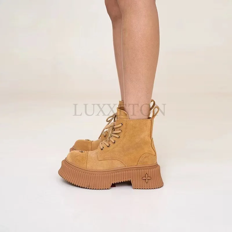 Yellow Chunky Platform Boots Women Fiber Leather Luxury Design Shoes for Women Thick Bottom Heightening Retro Ankle Boots  Botas