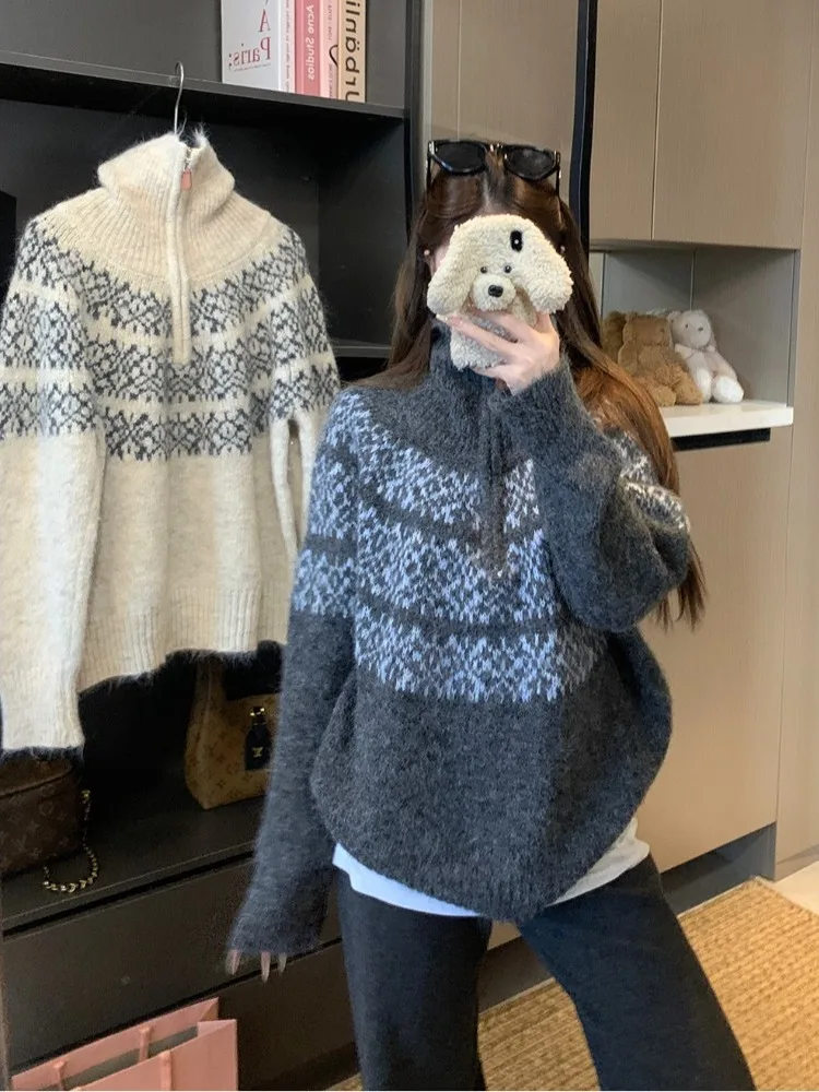 

plus Size Autumn Winter Knitted Long Sleeve Sweater Fair Isle Pattern Loose Slimming Design Korean Style Commute Fashion Ladi...