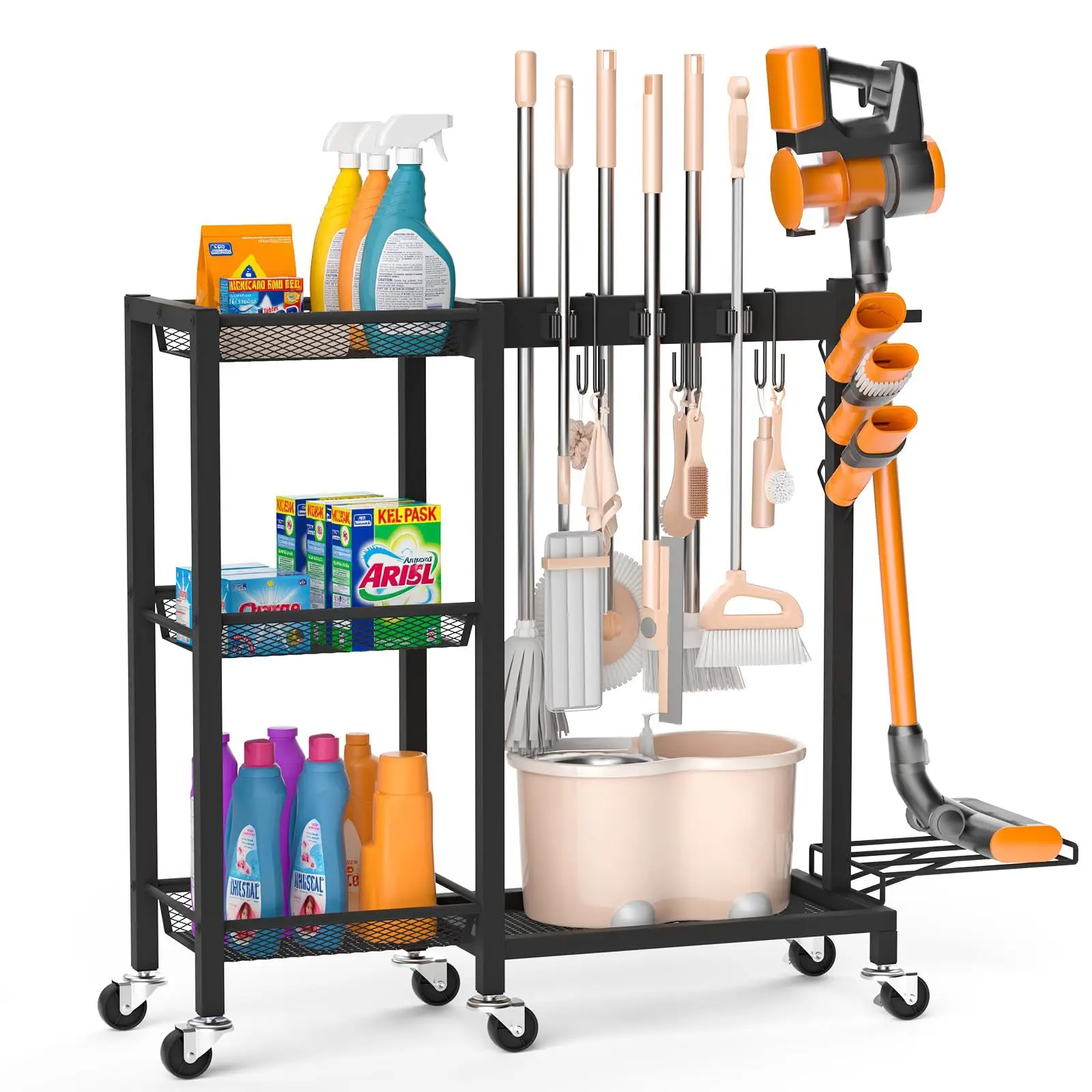 #Three-layer Movable Metal Floor-standing Household Storage Rack Multi-purpose Tool Rack for Mop Broom Cleaning Utensils
