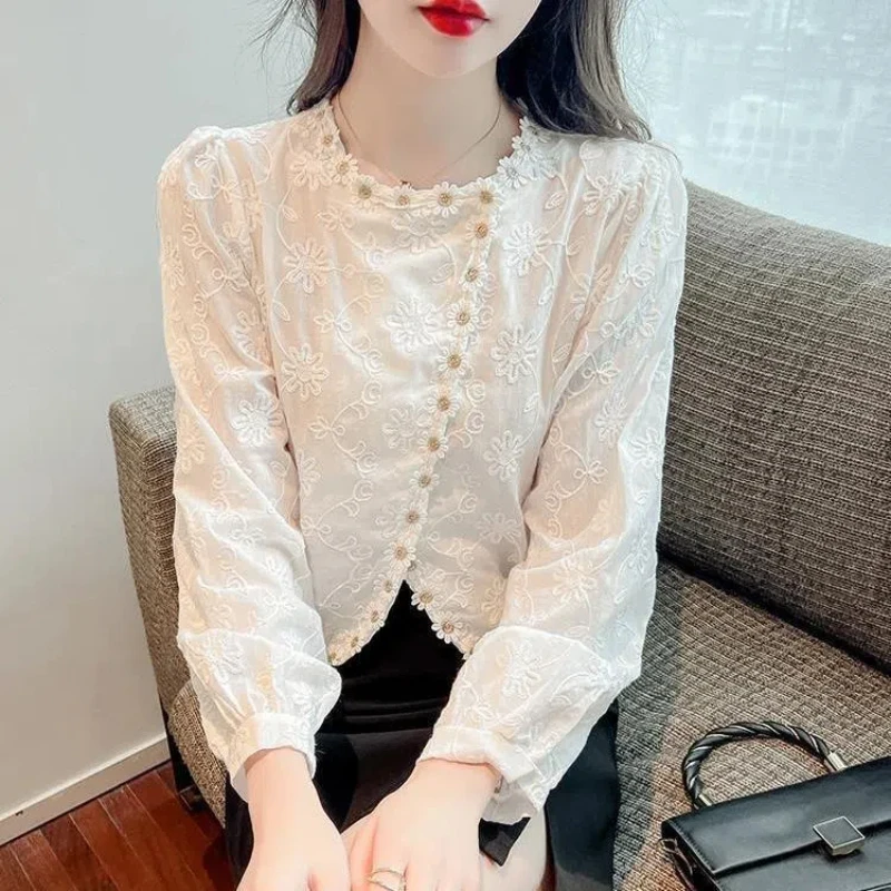 Temperament Sping Autumn New Women\'s Solid O-Neck Button Lace Jacquard Weave Korean Fashion Long Sleeve Pullovers Shirts Tops