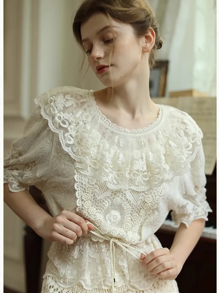 96cm Bust Spring Summer Tops Women Blouses Elegant Slim Handmade Beading Embroidered Comfortable Cotton Lace Blouse/Shirts