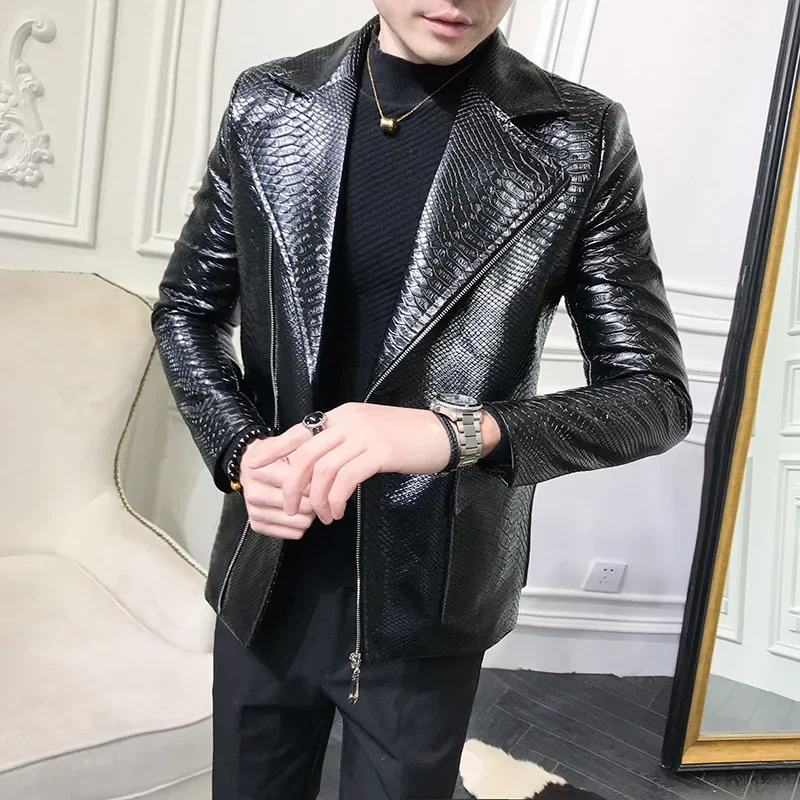 Casual Snake Leather Jacket Coat Men Autumn Winter Black PU Leather Slim Fit Jackets Outwear Men Motorcycle Vintage Coat