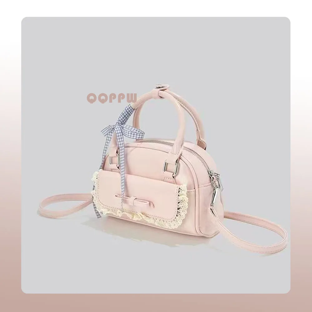 

Sweet Cute Pink Messenger Bag Women Harajuku Lace Bow Chic Handle Boston Crossbody Bags Ladies Retro Bowling Bag Y2k
