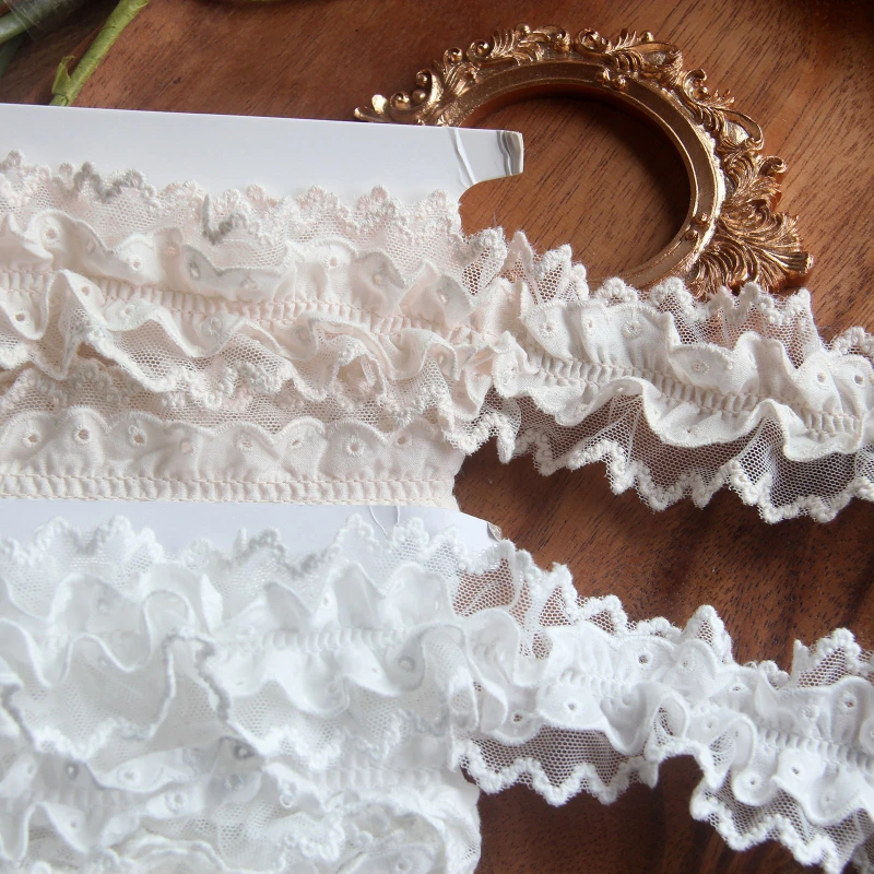 White Beige Stretch Ruffled Cotton Elastic Lace Trim Embroidered Fringe Ribbon Dress Collar Curtains Fabric DIY Sewing Decor