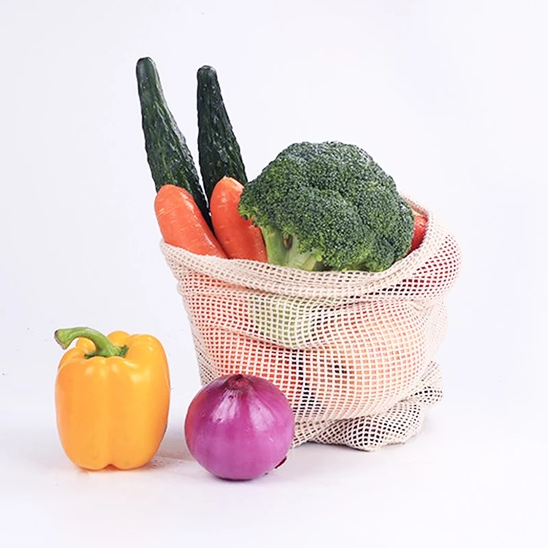 New Cotton Mesh Vegetable Bags Produce Bag Reusable Cotton Mesh Vegetable Storage Bag Kitchen Fruit Vegetable with Drawstring