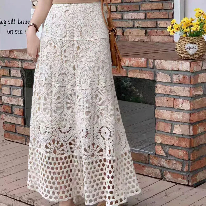 Boring Honey National Style Hollow Out Crocheted Knit Skirt Bohemian Holiday Style Drape Big Swing A-Line Skirt Beach Dress Wome