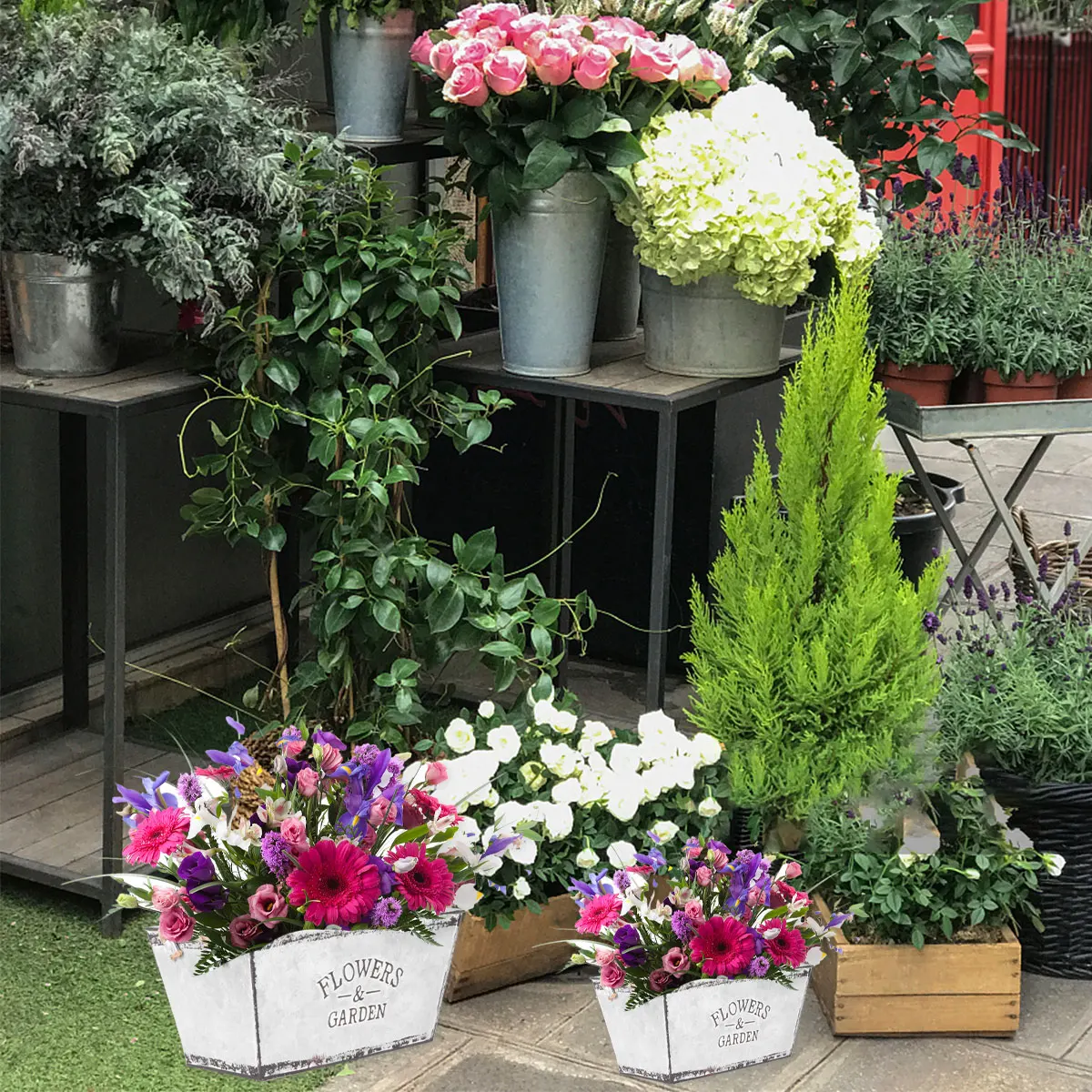 

Flower Bucket Iron Rope Durable Safe Simple Home Flower Shop Silver Rustic Plant Holder Gardening Supplies