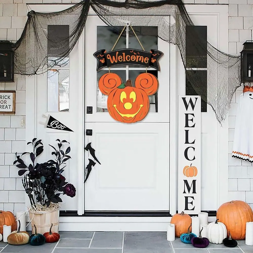 Cartoon Mouse Pumpkin Welcome Doorplate Mouse Head No Deformation Wooden Pumpkin Hanging Sign No Fading Halloween Pendant Wall