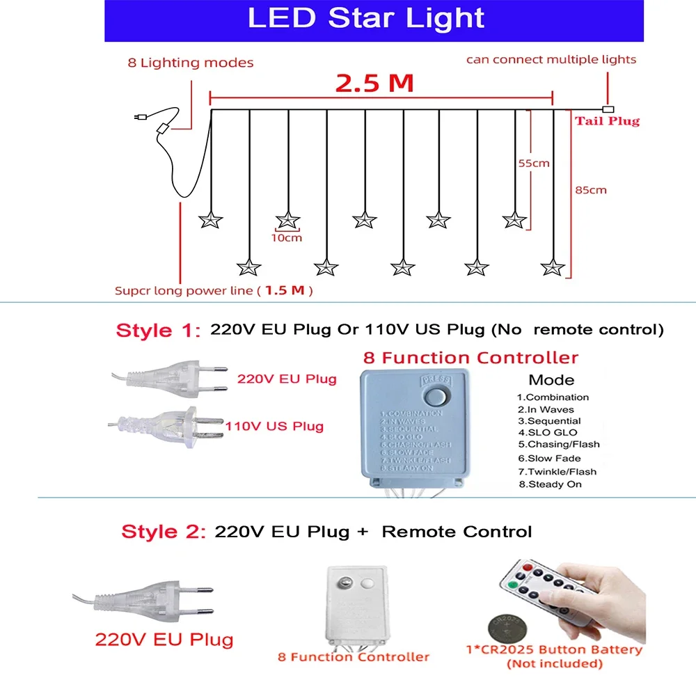 Weihnachtsbeleuchtung 2024 Stern LED Girlande Vorhang Fee Lichterketten Outdoor Indoor Für Zuhause Schlafzimmer Party Ramadan 2025, Dekoration