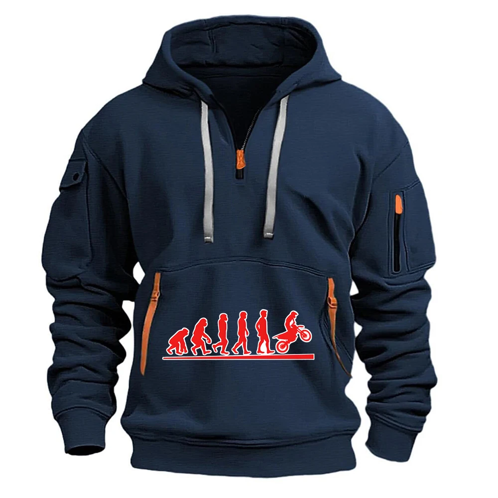 Nouveau Sweat à Capuche Homme Demi-Zip 2026 Human Evolution Motocross Design Printemps Automne Style Urbain Décontracté Sport Plein Air