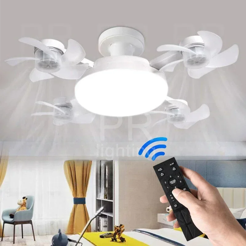 E27 Lampu Kipas Langit-langit LED dengan Fungsi Peredup Remote Control 50-60W Lampu Langit-langit Lampu Kipas Berbentuk Drone untuk Ruang Tamu, Belajar