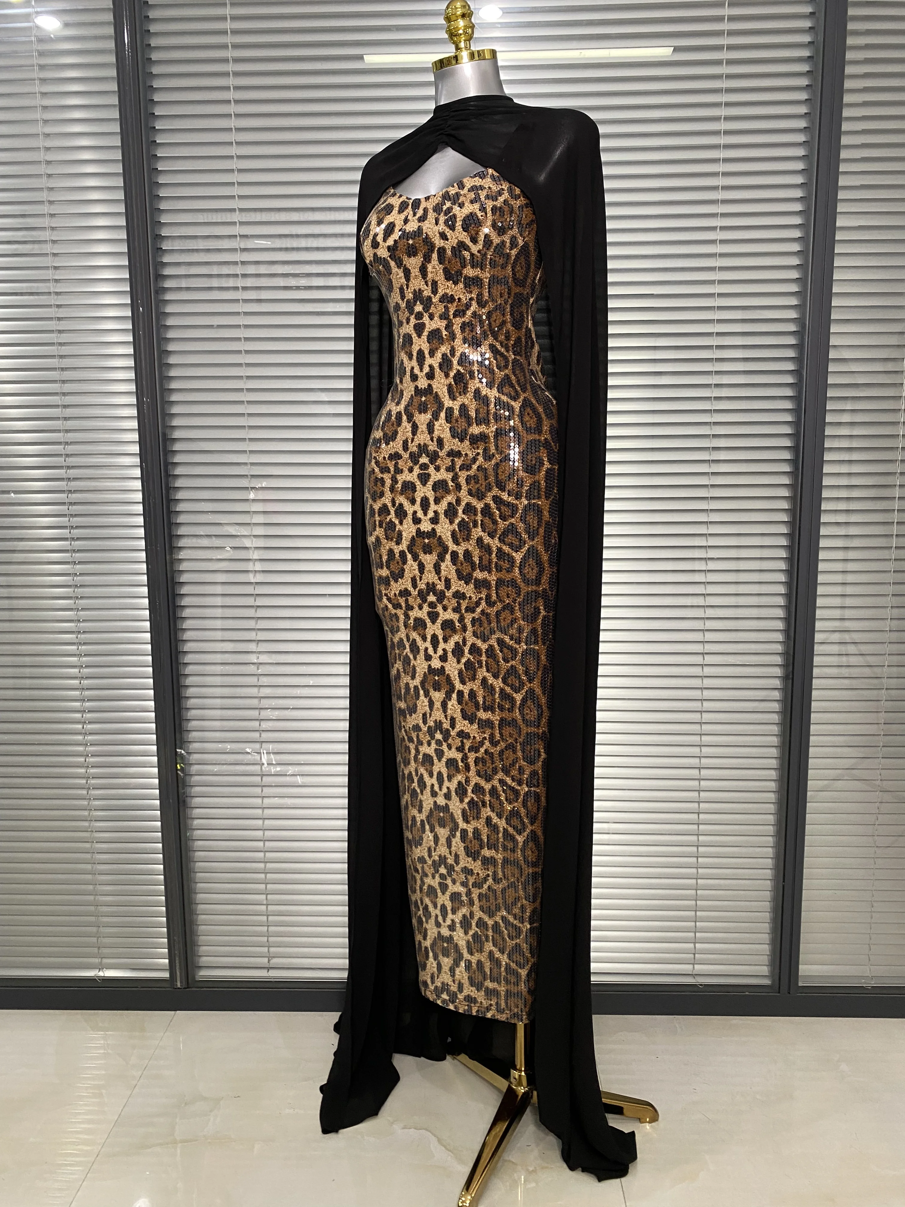 Luxury Sequined Women Sexy Leopard Bodycon with Cape Maxi Long Birthday Dress Evening Party Celebrity Prom Gowns