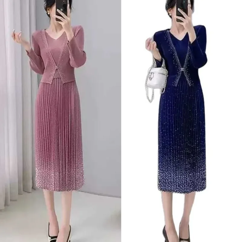 Miyake Pleated Dresses 2025 Upscale Pleated Plus Size Dress Fashion Fake Two Temperament V-neck Fall New Women's Clothing