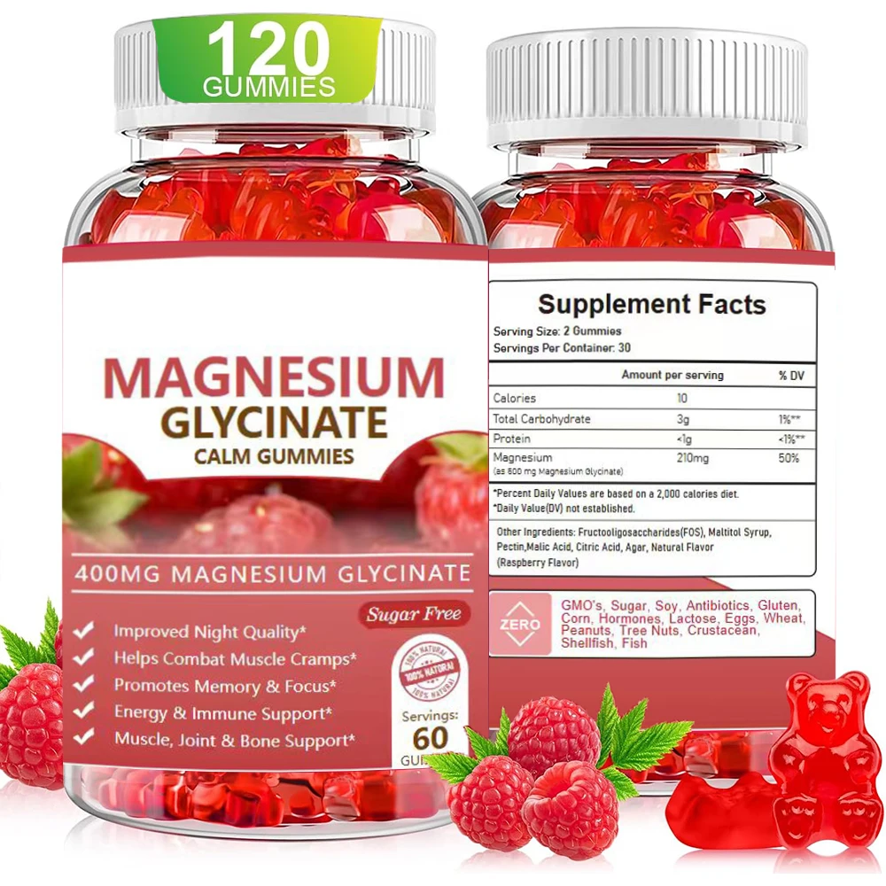 

Magnesium Glycinate Gummies, Stress Relief Gummies, Sugar Free Magnesium Supplement for Calm Support & Sleep, Raspberry Flavored