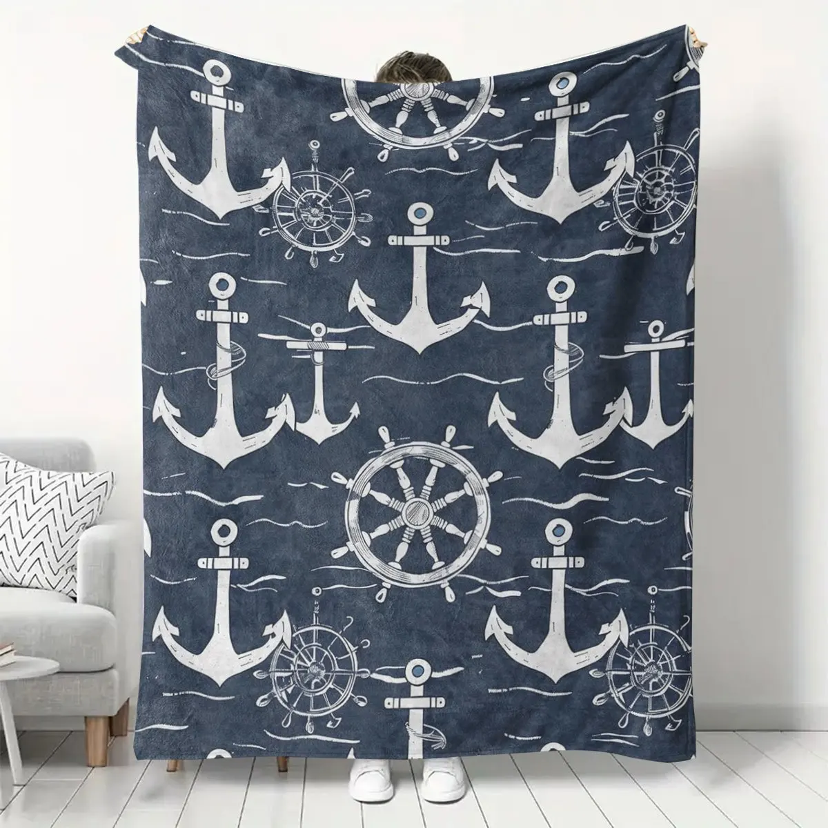 

1pc Nautical Anchor Flannel Fleece Blanket - Hypoallergenic, All-Season Knit Fabric Throw, Digital Print, Multipurpose Cozy Warm