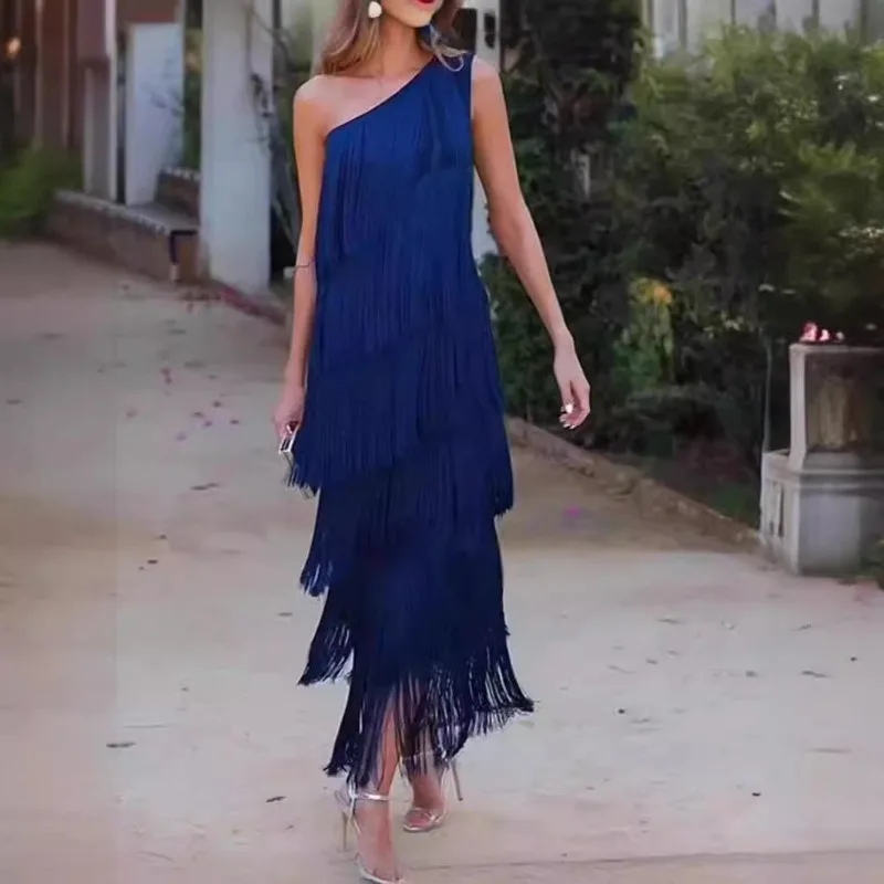 

Mandylandy Summer Party Dress Women Fashion Tassel Shoulder Asymmetric Dress Evening Dress Sleeveless Slim Fits Long Dresses