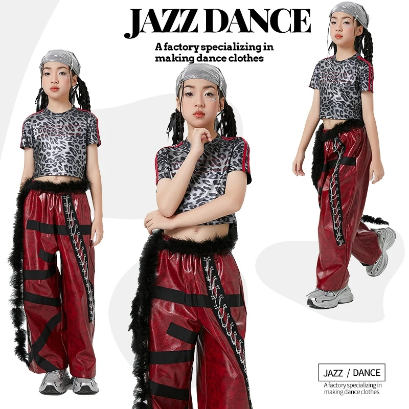 

Retro Girls Jazz Dance Costumes Kids Hip Hop Clothing Kpop Outfit Street Dance Clothes Leopard Vest Red Leather Pants XH2525