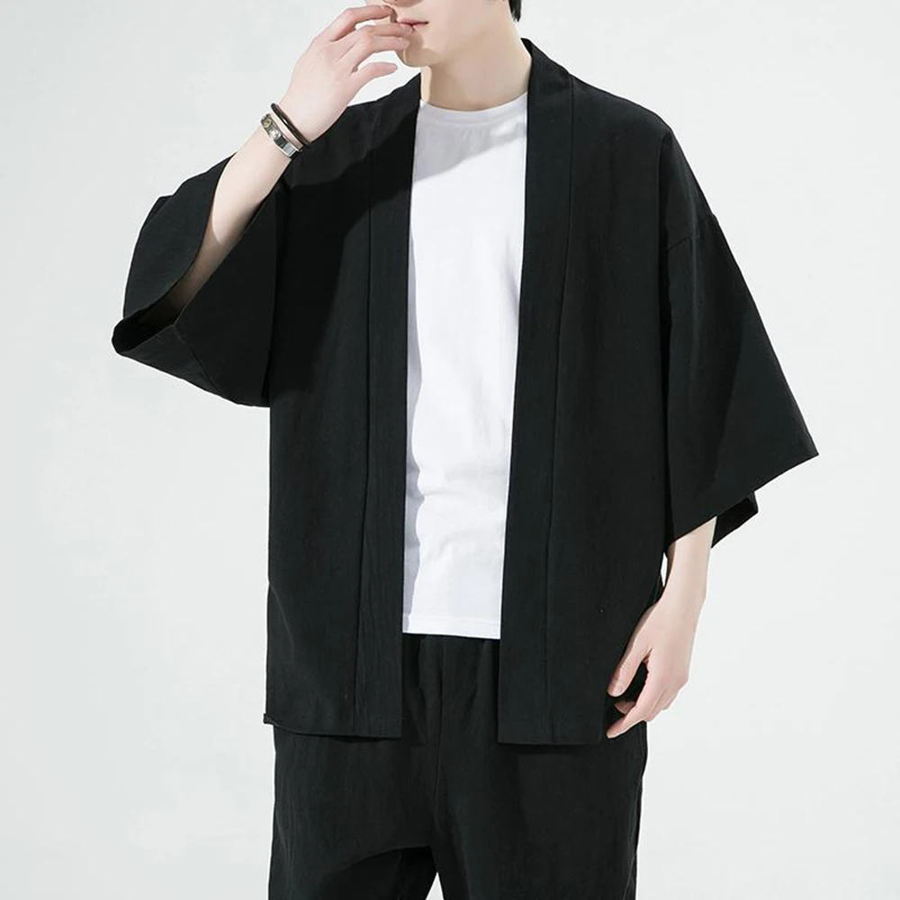 Japanese Men Cardigan Kimono Shirt Traditional Japanese Samurai Summer Plain Color Coat Yukata Male Shirt Outer Garment Coat