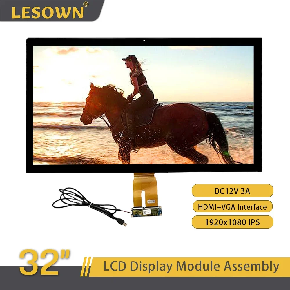 LESOWN 32 inch Ultra Wide 1920x1080 FHD IPS LCD Screen Display 10 Points Touch Panel USB HDMI VGA Module for Repair DIY Machine