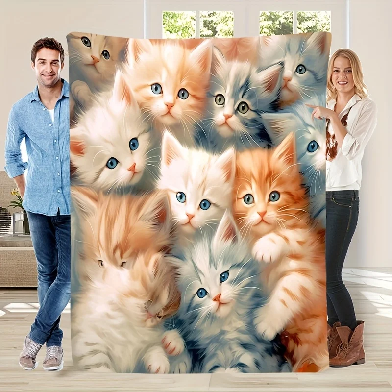 Cozy Cute Cat Pattern Print Themed Flannel Blanket,Perfect Gift for Holiday Memories, for Friends And Family, Ideal for Napping