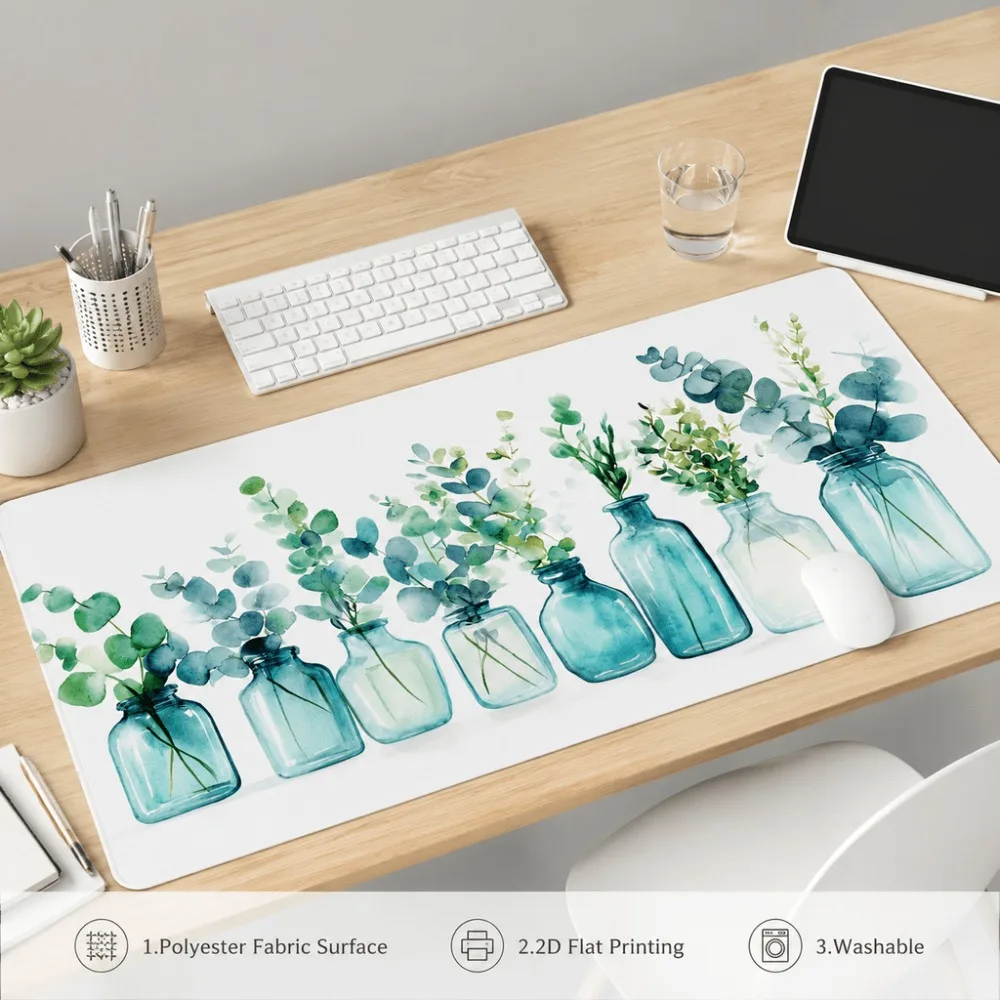 Watercolor eucalyptus flower vase printed table mat suitable both office and home users simple plant accessory for the desktop