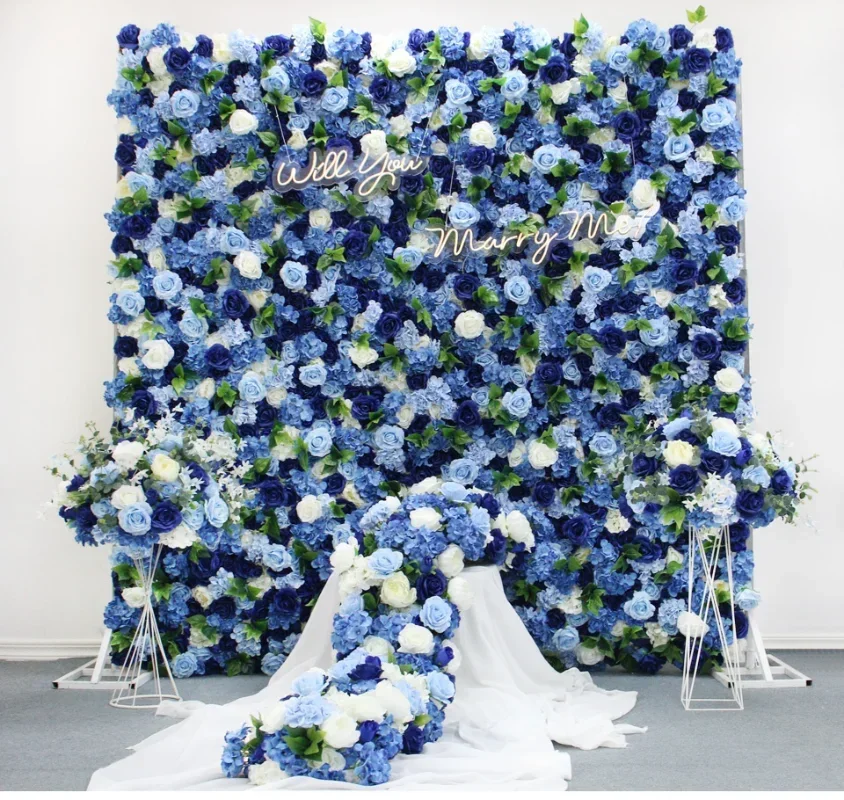 

Royal Blue 3D Artificial Peony Hydrangea Cloth Flower Wall Rolling Up White Rose Fabric Floral Wall Party Wedding Backdrop Decor