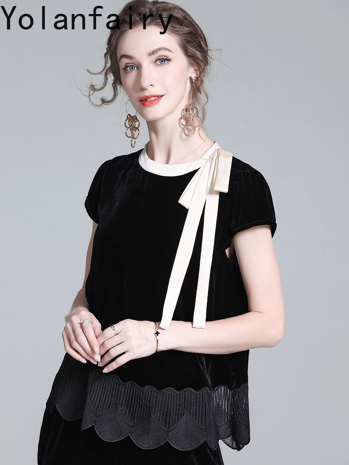 YOLANFAIRY Genuine Mulberry Silk Velvet Blouse for Woman Autumn Luxury 2025 Ribbon Elegant T Shirts Female Contrast Color Shirt