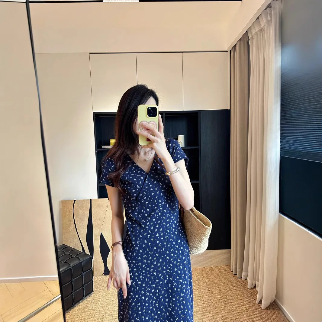 Jupe longue de Style vacances français, coupe cintrée et amincissante, col en v, Niche, robe florale sans Collision pour femmes en été