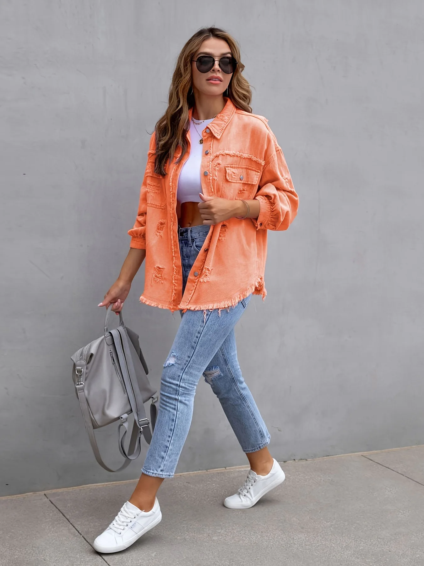 Csa jeans fena de manga crida, estilo street sle, foada, cor sólida, casual, para uso externo.