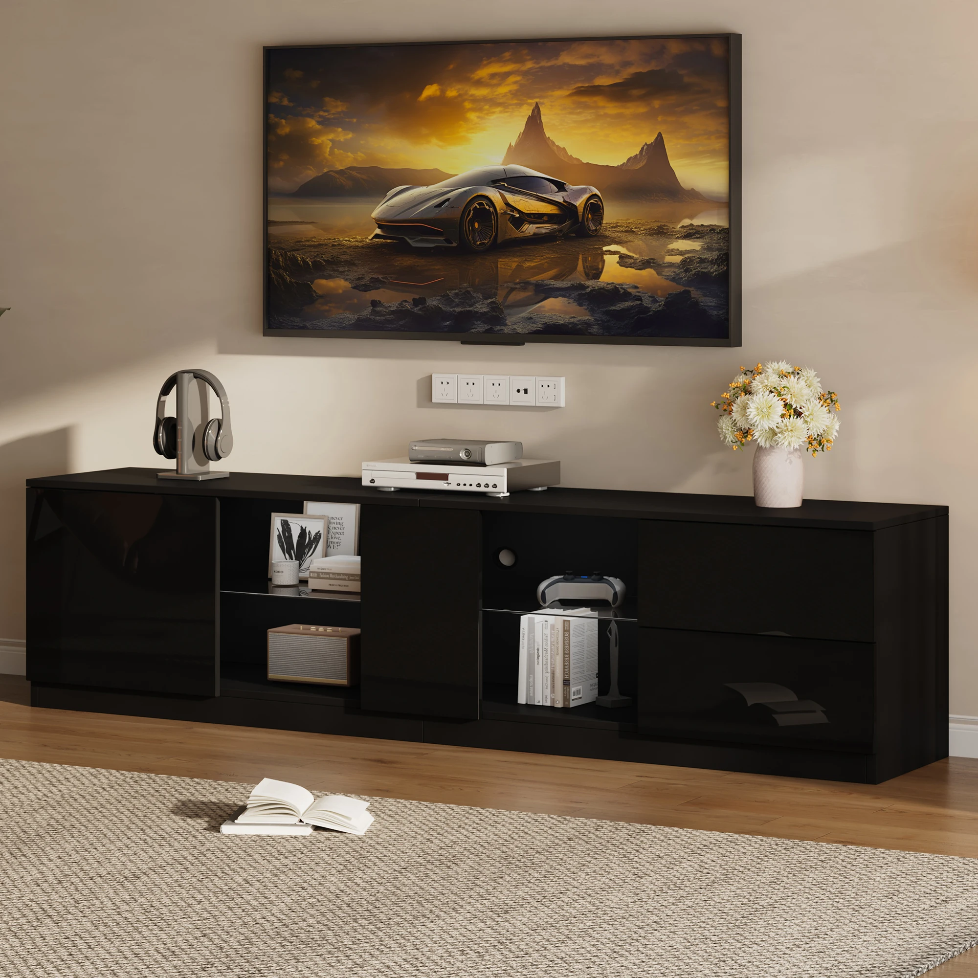 Meuble TV 160X40X52 Cm, commode haute brillance, tableaux latéraux avec éclairage LED, tableaux bas adaptés à un téléviseur 65 pouces pour salon et chambre à coucher