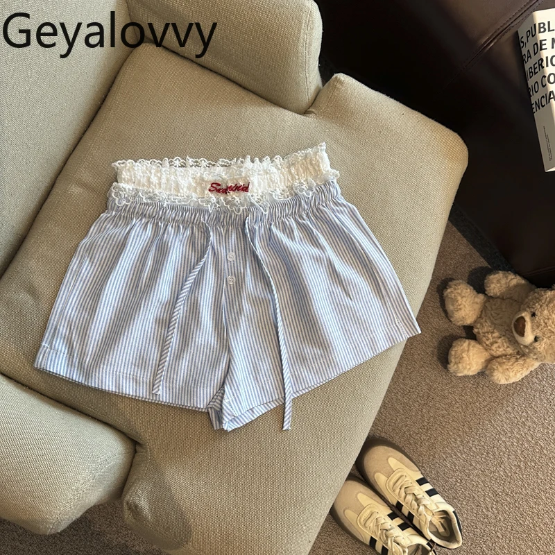 2025 Summer New Female Lace Splicing Casual Shorts Summer Vertical Sweet Striped High Waist Drawstring Wide Leg Short Pants