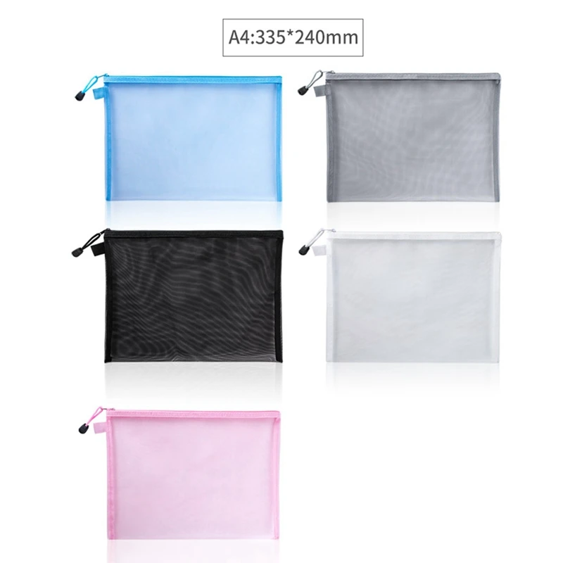 Mesh Zipper Pouch para Documento, Limpar Documento Bag, Book File Folders, Papelaria Lápis Case, Sacos De Armazenamento, 5 Cores, 5PCs