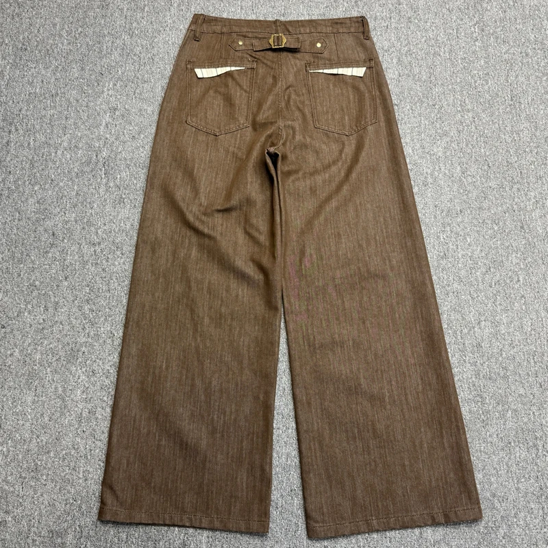 Brown Wide Leg Jeans Men Women High Waist Straight Denim Pants White Splice Pockets Back Buckle Casual Loose Trousers Streetwear