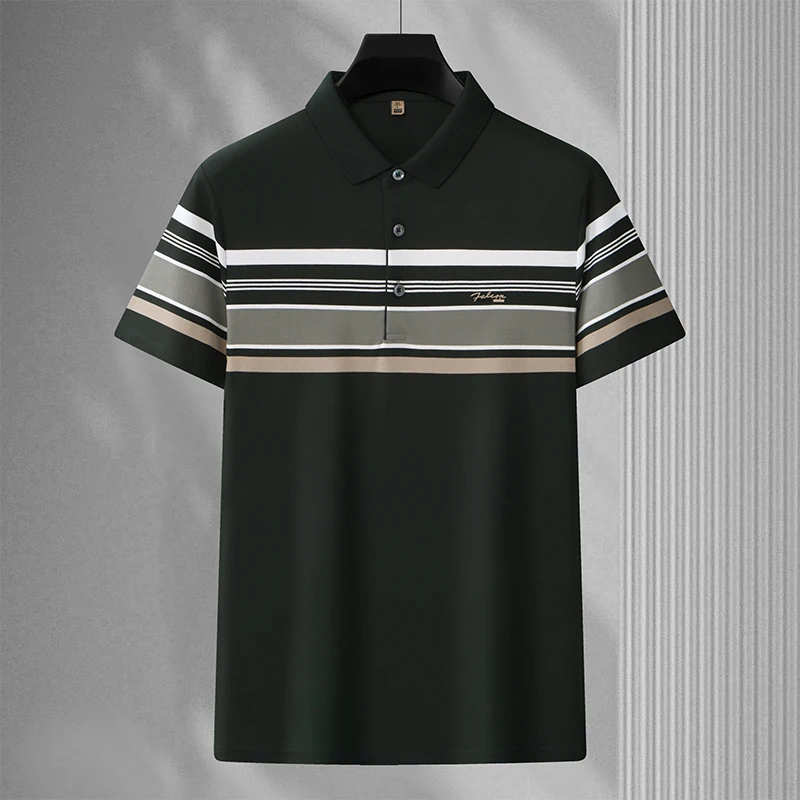 

Summer Lapel Striped Polo Shirt Men's 2024 New Office Formal Wear Versatile Business Casual Short Sleeve T-shirt