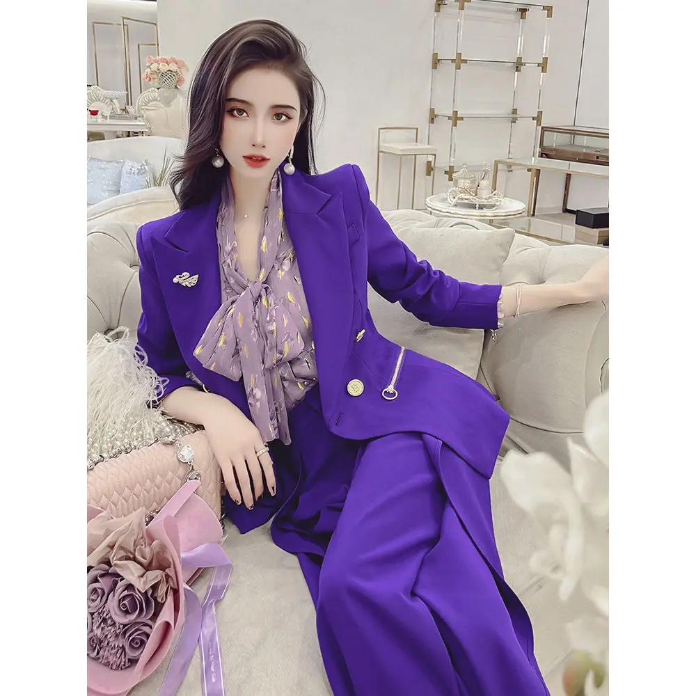 Women\'s Fashion Purple Color Blazer Set 2024 Spring Autumn Double Breasted Two Pieces Suits Elegant Ladies Blazer Coat +Trousers