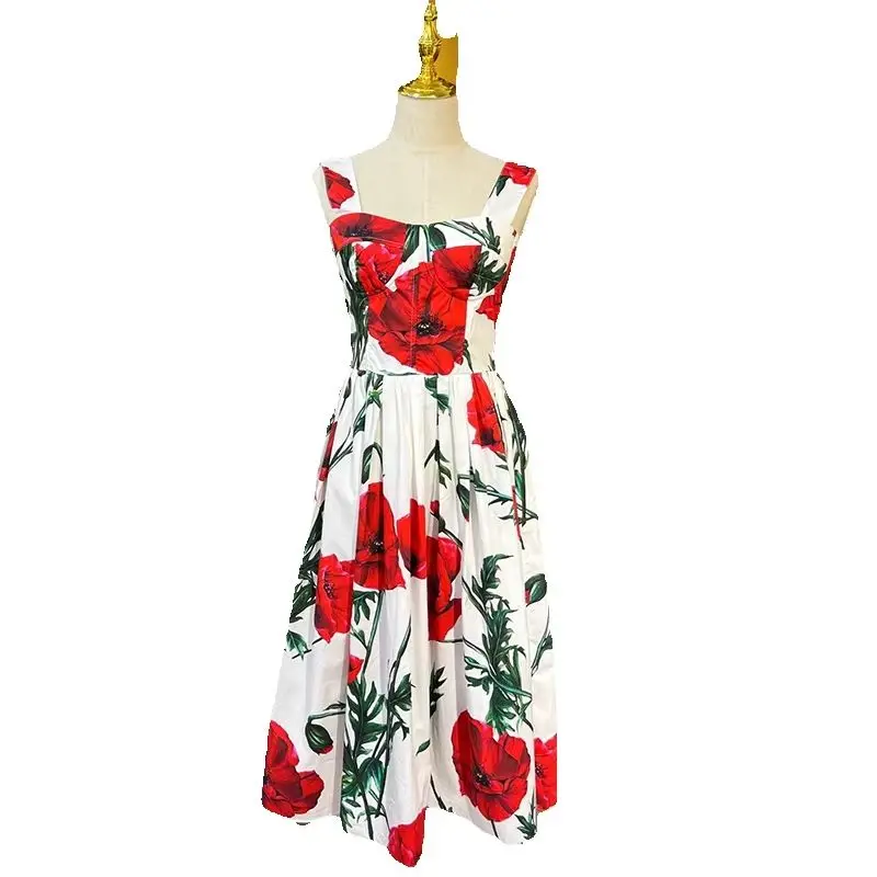 Seifrmann 2026 Sommer Damen Neues Modisches Trägerkleid aus Baumwolle mit Print und Taillenbetonung, mittellang