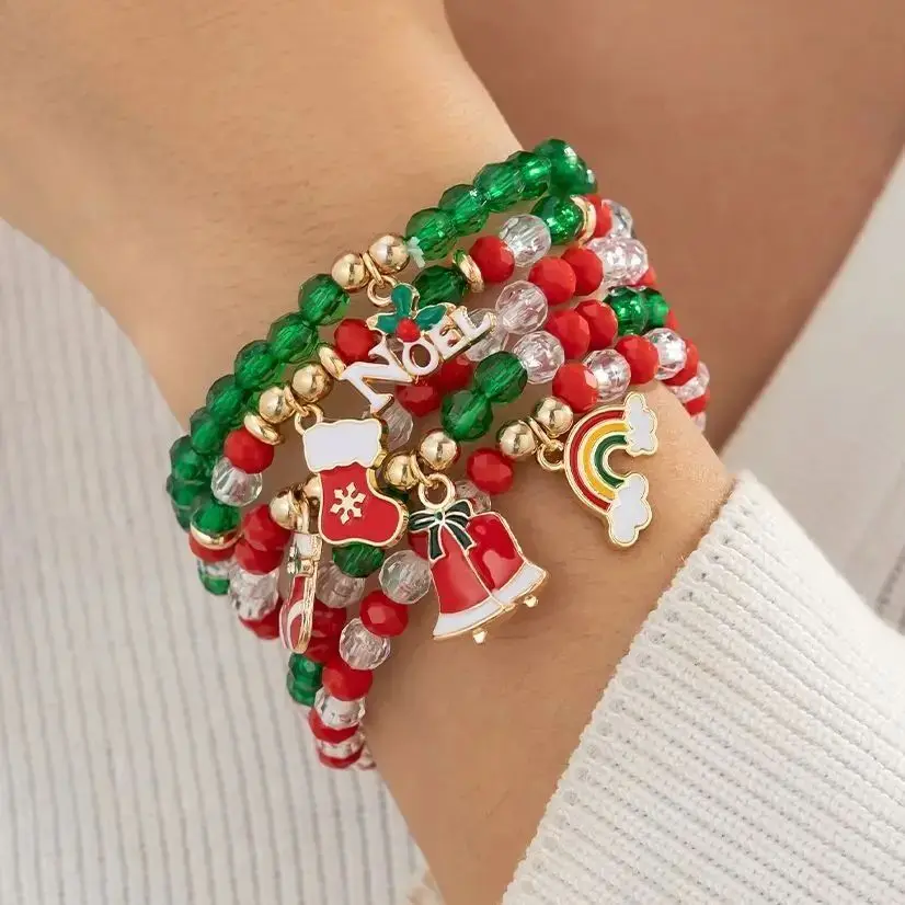 KunJoe 5pcs/set Cute Christmas Bell Snowflake Pendant Bracelet Women Colored Crystal Beads Adjustable Elastic Bracelet Jewelry