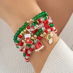 KunJoe 5pcs/set Cute Christmas Bell Snowflake Pendant Bracelet Women Colored Crystal Beads Adjustable Elastic Bracelet Jewelry