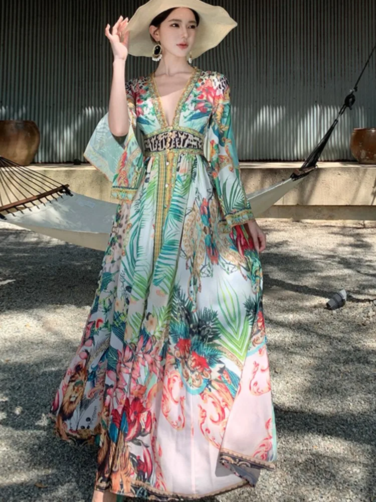 

French Vintage Boho Beach Long Dresses Women Autumn Single Breasted Print Floral Dress Birthday Evening Party Vestidos Mujer New