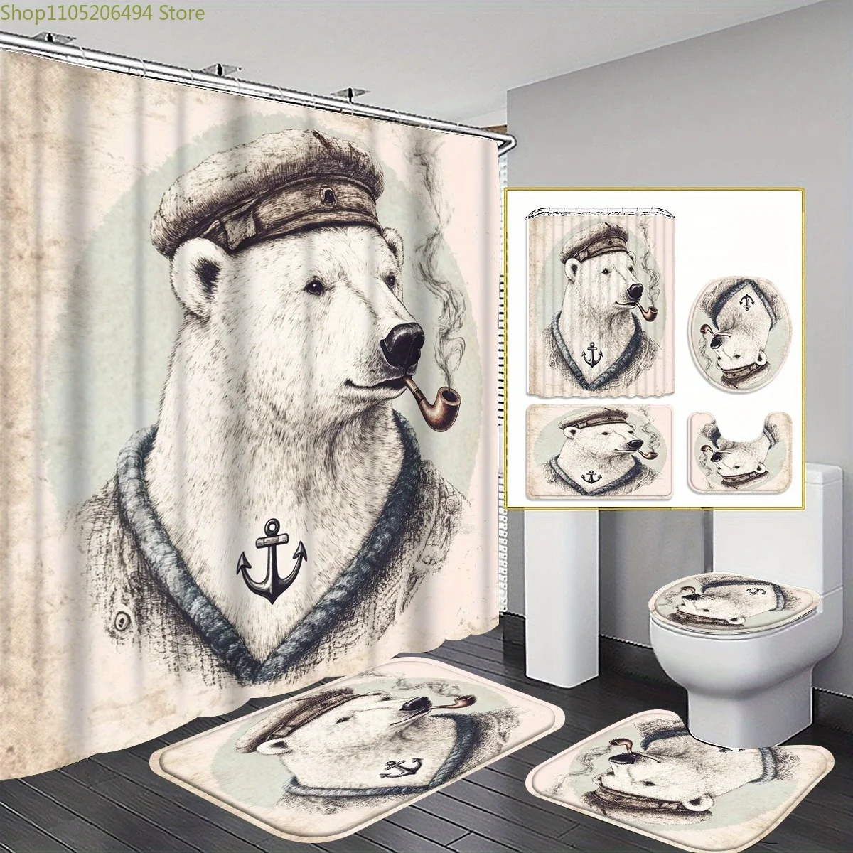 

1/3/4pcs Retro Polar Bear Shower Curtain Bath suite with Bath Mat, U-Shaped Mat & Toilet Cover - High Quality Nautical Bathroo