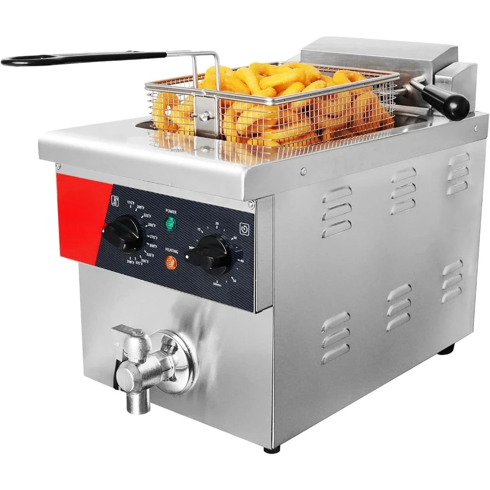 

8L Countertop Electric Deep Fryer with Draining Valve, Solid Basket and Lid 120V,1800W Stainless Steel, Commercial Deep Fryer