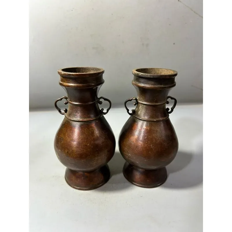 Antique Collection: Old Patina Alloy Copper Living Room Decorative Ornament, Double-Handled Plain Vase 6*12CM