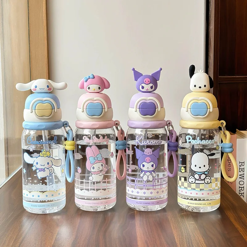 

600 мл аниме-бутылка для воды Cinnamoroll My Melody Kuromi, большая емкость, с соломинкой, кавайная, портативная, из тритана, двойная чашка для питья, подарок