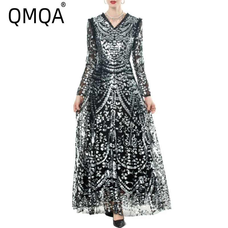 QMQA Fashion Women's Evening Dresses V-neck Silver Sequin Long Sleeved Luxury Banquet Maxi Dress 2025 Spring New Female 1A915